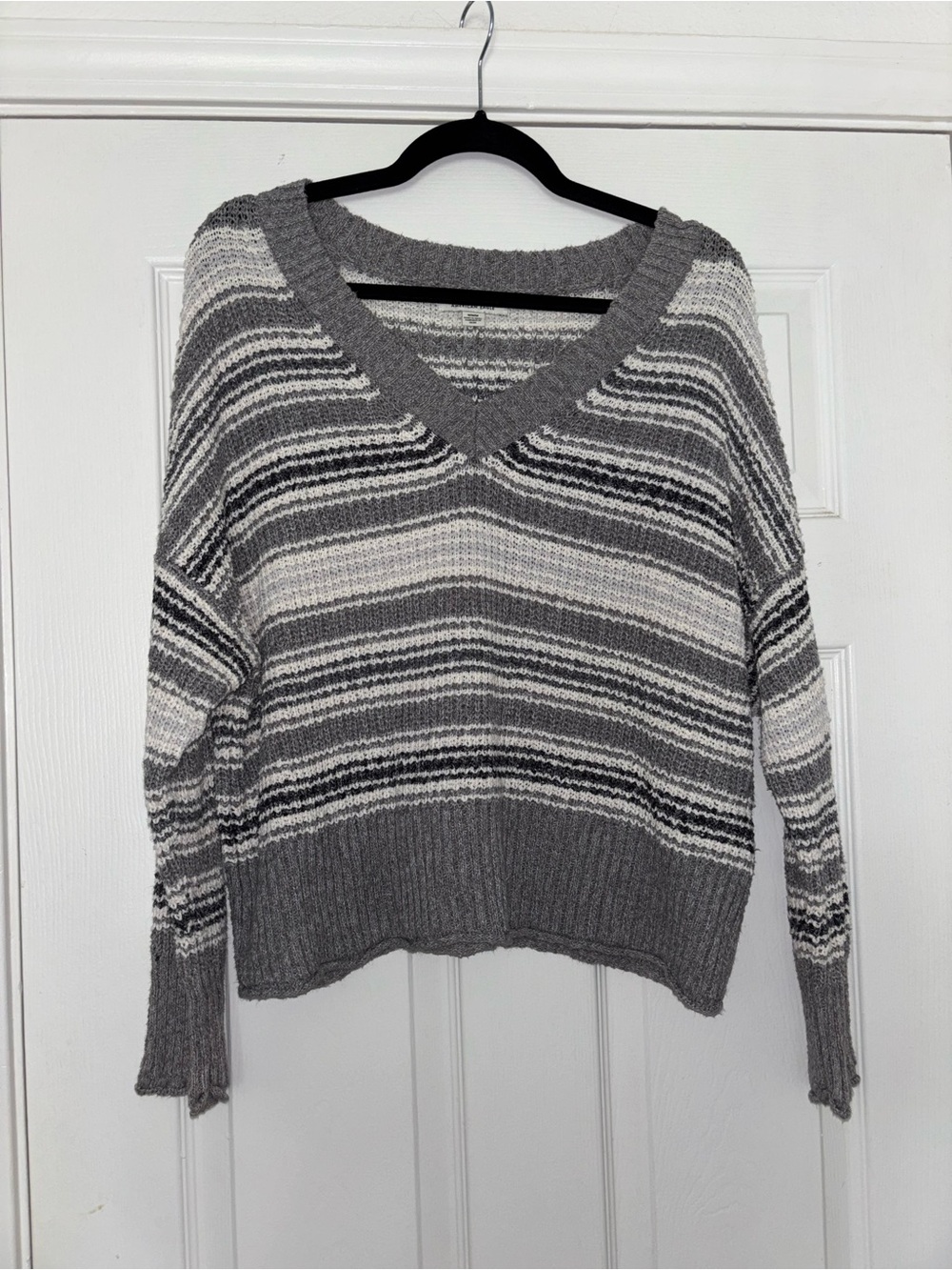 American Eagle Outfitters Gray and White Striped V-Neck Sweater